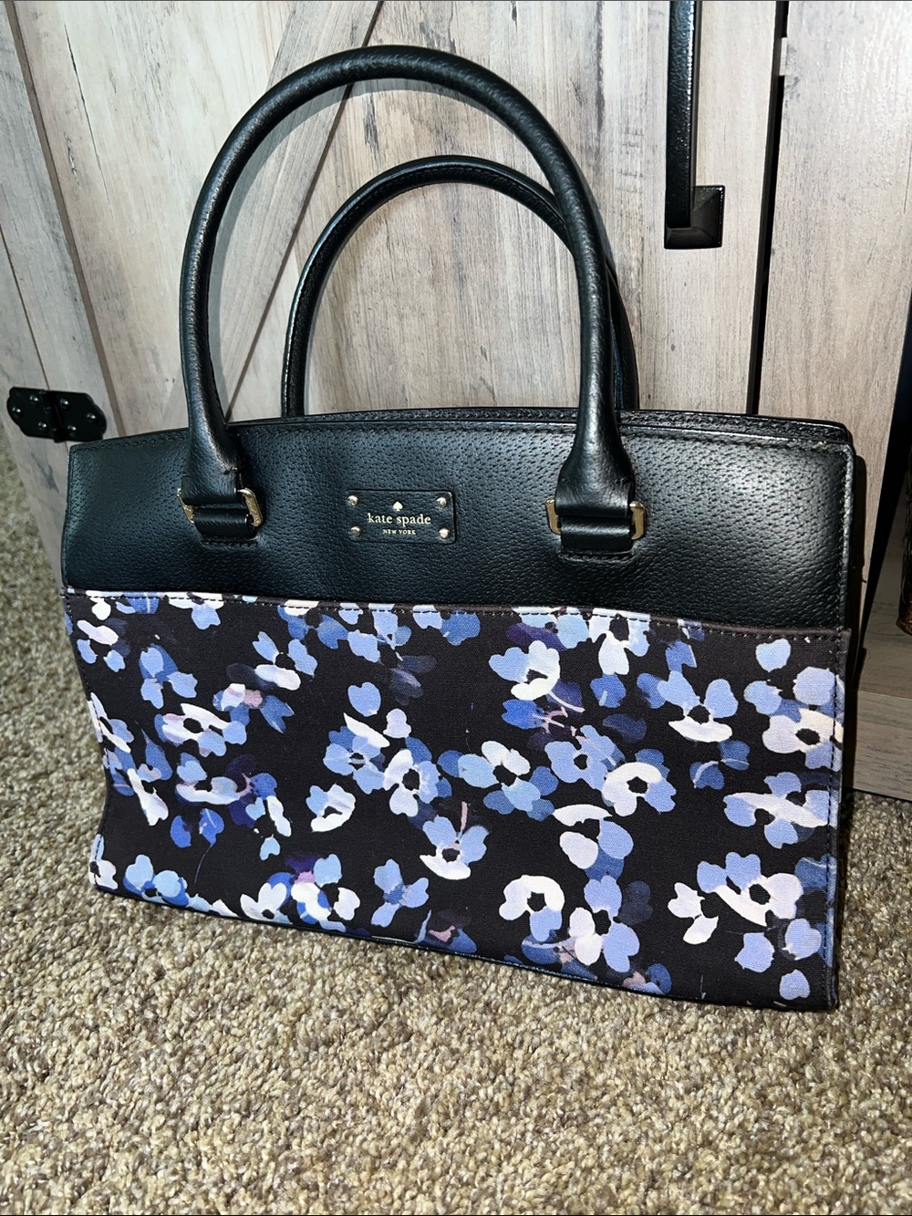 kate spade Black Floral-Print Satchel with Blue and White Accents